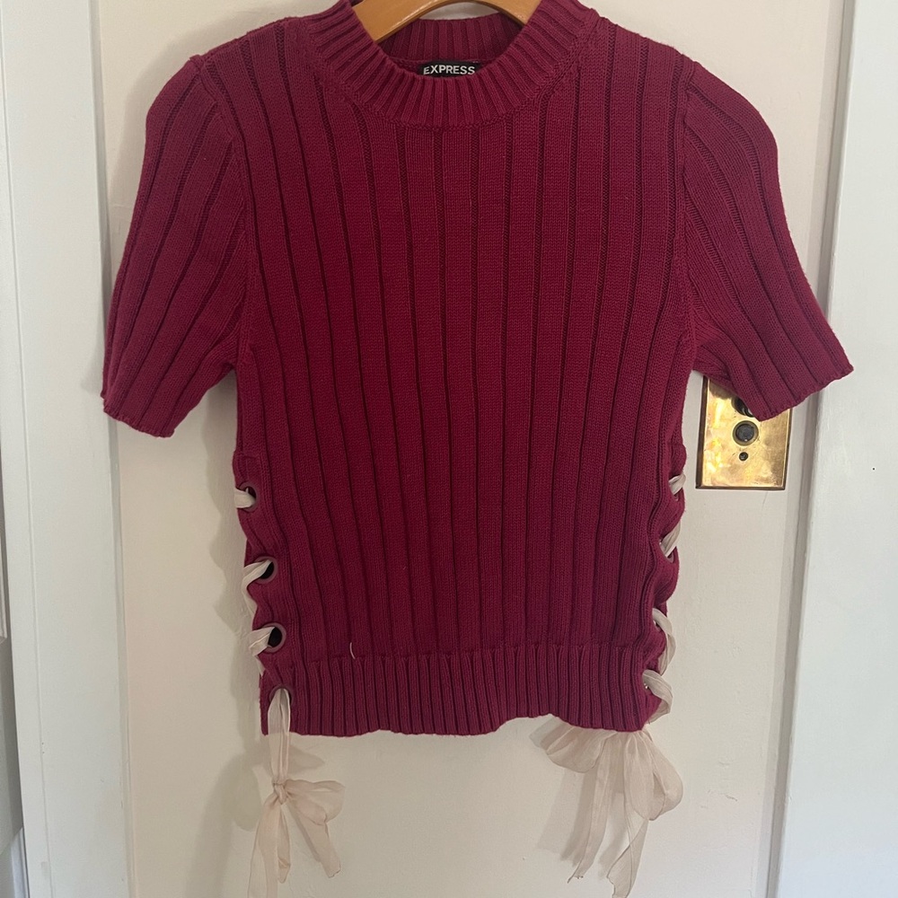 express knit sweater with lacey bow details